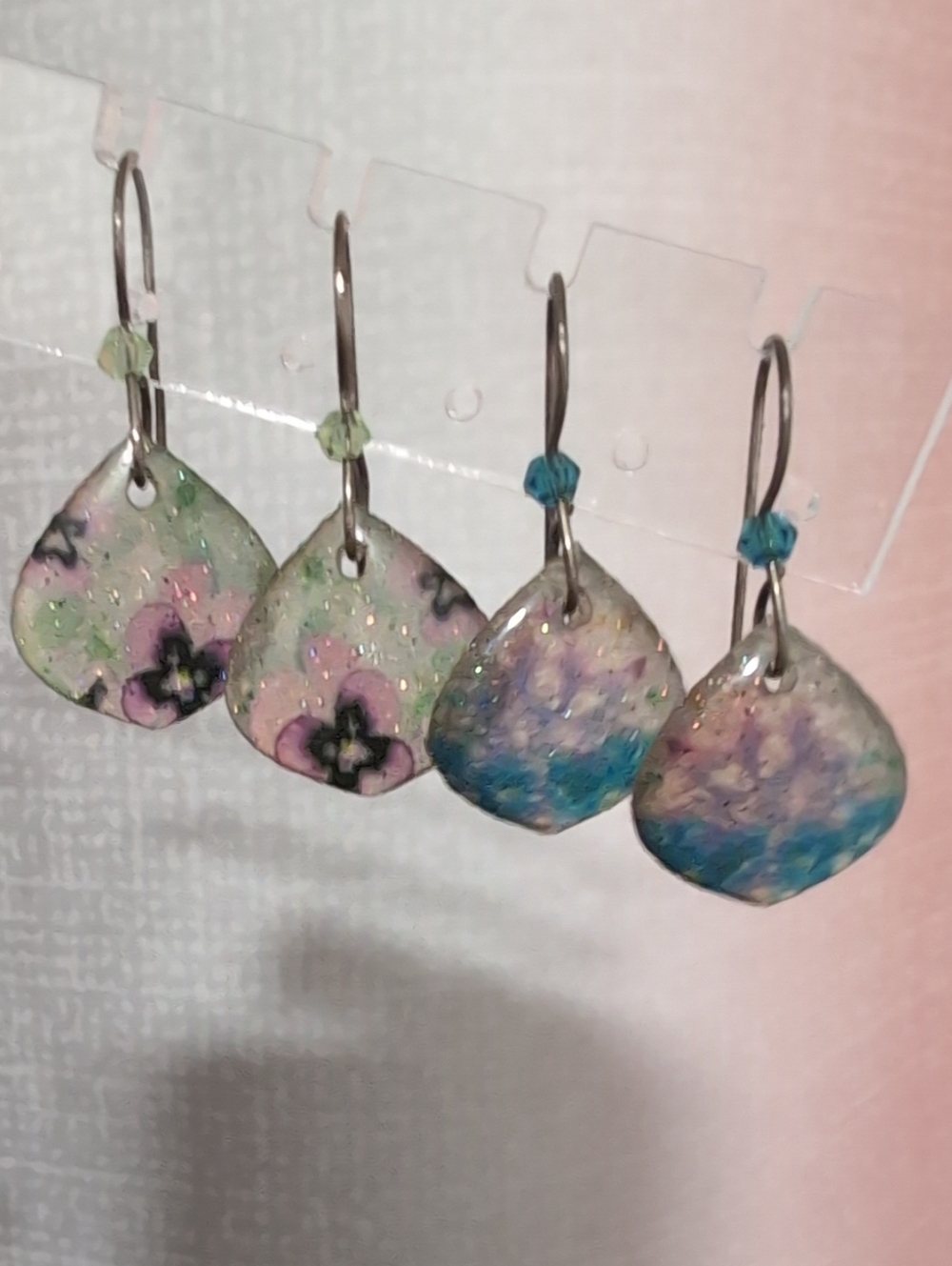 Bundle Of 2 Pair Handmade Glitter Floral Earrings in Green & Blue